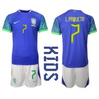Brasilien Lucas Paqueta #7 Fußballbekleidung Auswärtstrikot Kinder WM 2022 Kurzarm (+ kurze hosen)